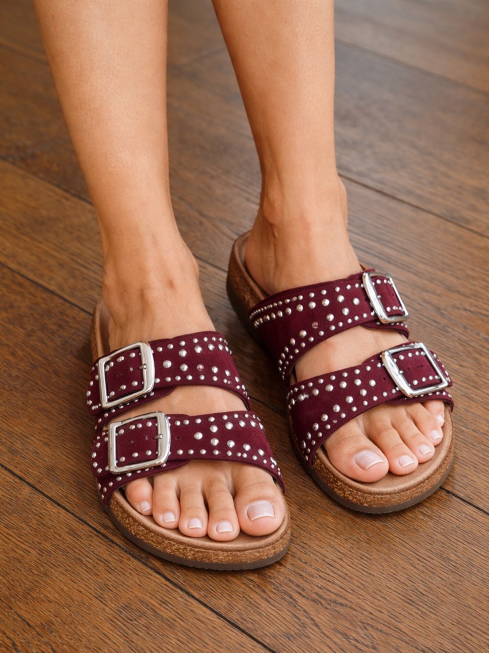 Time and Tru Burgundy Studded Double-Buckle Slide Sandals
